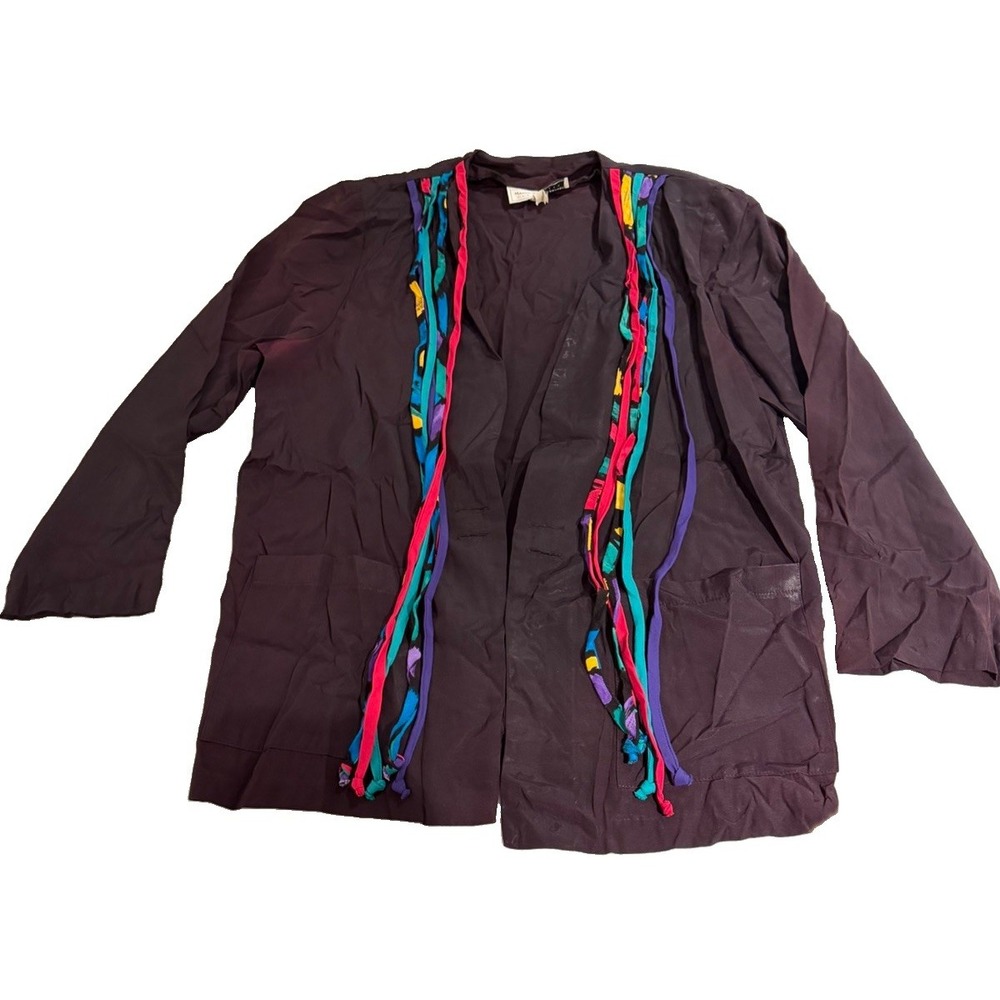 Vintage Maggy London Black Jacket Colorful Ribbon Trim 80s 90s Artsy Statement